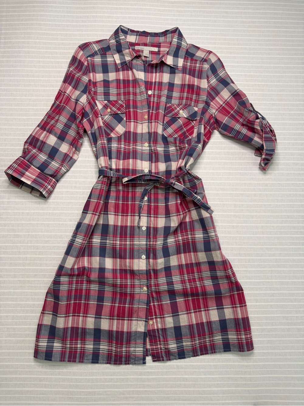 Old Navy Pink & Blue Plaid Button-Front Midi Dress with Waist Tie